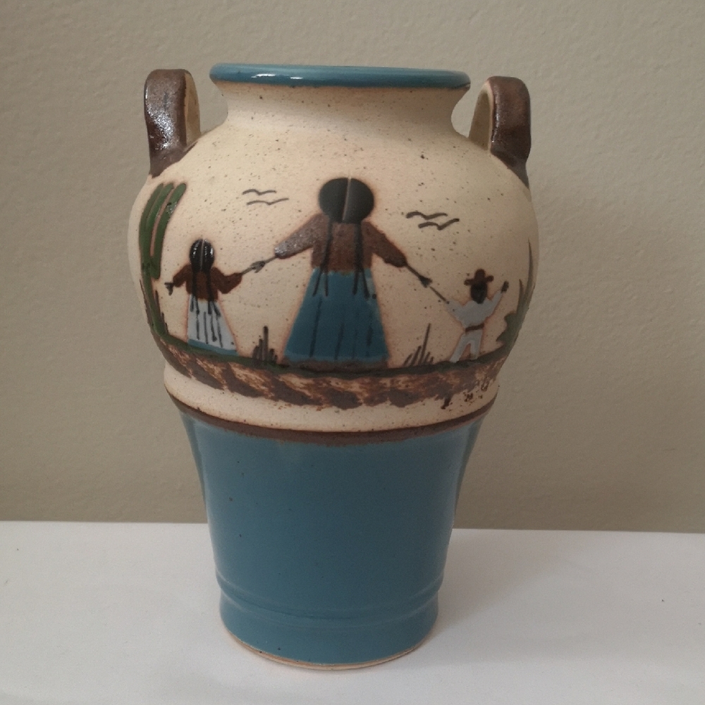 Handcrafted Mexican Pottery Vase with Blue and Brown Design, Women with Children